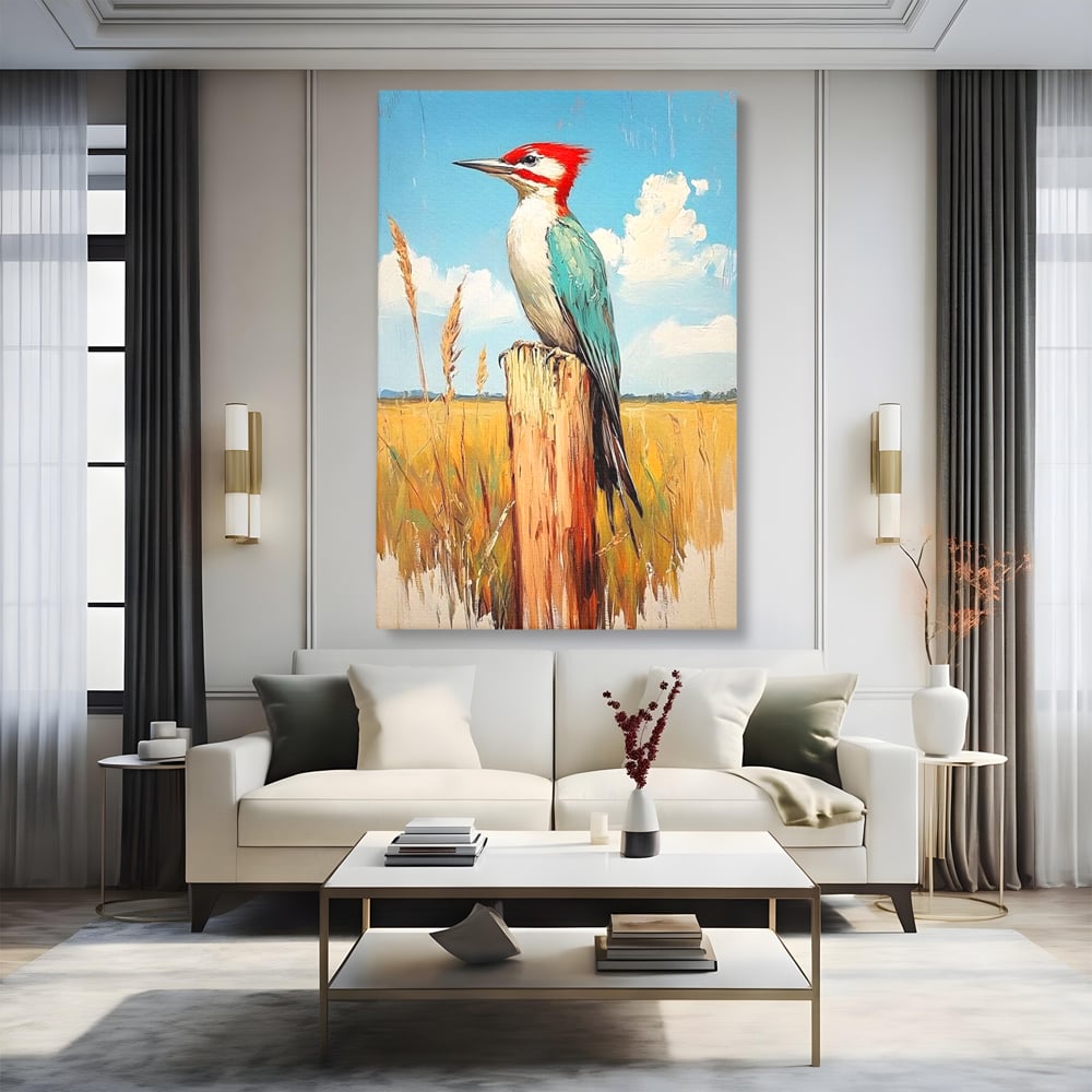 Tablou canvas cu tablou cu ciocanitoare pe un stalp, fara rama, pe sasiu de lemn, pe perete intr-un living